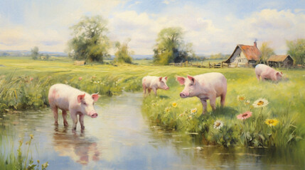 Oil painting of scenic rural landscape with pigs on a pasture, river, trees and farm house, canvas texture, impressionism. Beautiful artistic image for poster, wallpaper, art print.