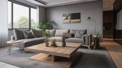 Obraz na płótnie Canvas Modern living room with grey sofa and wooden coffee table