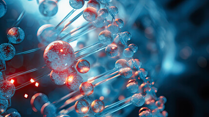 Abstract depiction of DNA and RNA molecules inside a cell on dark background