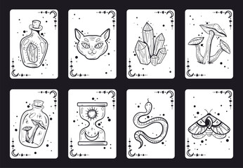 Tarot cards magic astrology symbol witch mystic game concept. Vector flat graphic design illustration
