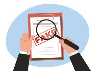 Fake document profile fraud paper office stamp concept. Vector flat graphic design illustration - obrazy, fototapety, plakaty