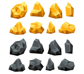 Gold coal mine game cave rock diamond isolated set. Vector flat graphic design illustration
