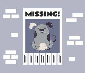 Lost missing pet animal poster notice announcement on wall concept. Vector flat graphic design illustration