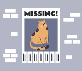 Lost missing pet animal poster notice announcement on wall concept. Vector flat graphic design illustration