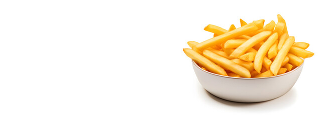 french fries in a white bowl with text copy space