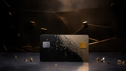 black and gold credit card, set against a stylish minimalistic background, exudes luxury and sophistication. With no numbers, it represents the pinnacle of exclusive finance and payment options