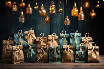 Christmas advent calendar. Kraft gift bags. Eco friendly Christmas gifts diy.Christmas gifts and holiday traditions concept