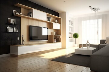 Modern TV wall unit, wooden floor. Generative AI