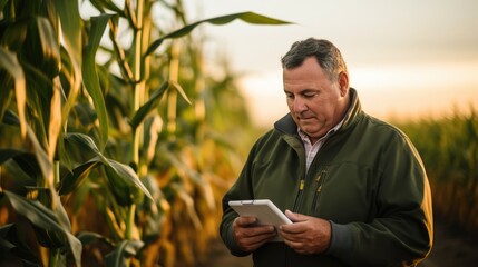 A forward-thinking farmer stands in a lush cornfield, using a digital tablet for advanced crop monitoring and data-driven agriculture practices in a modern, technology-enhanced rural setting - obrazy, fototapety, plakaty