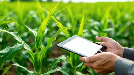 A forward-thinking farmer stands in a lush cornfield, using a digital tablet for advanced crop monitoring and data-driven agriculture practices in a modern, technology-enhanced rural setting