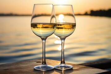 two glasses of white wine at sunset beach