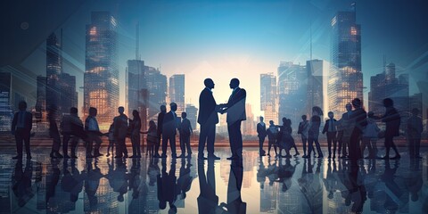 Shadow business agreements. Silhouette of two influential men shaking hands in a dark room against the backdrop of a business district. Format photo 2:1.
