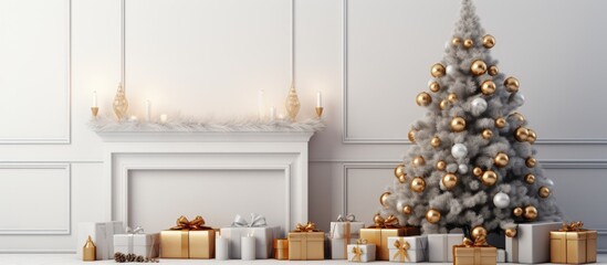 Empty living room with a white mockup wall featuring a illustration of a Christmas tree with...