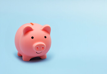 Pink piggy bank for money saving isolated on pastel blue background with copy space.