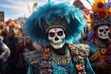 Portrait of a person with scull make up mask on Dia de los Muertos day on the day of the dead parade
