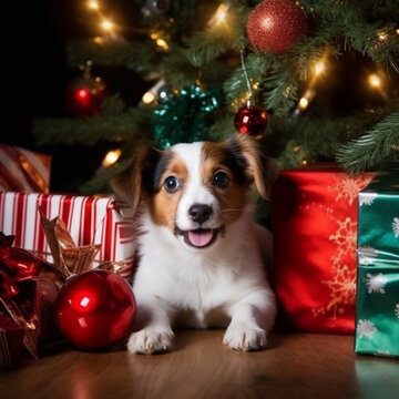 Medium breed dog, Jack Russell Terrier, is under the Christmas tree