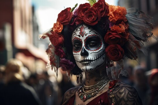 Portrait of a person with scull make up mask on Dia de los Muertos day on the day of the dead parade