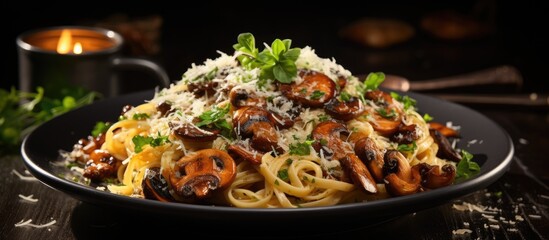 Mushroom pasta with pecorino cheese basil in black bowl - obrazy, fototapety, plakaty