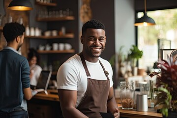 Fototapeta premium Young male African American male barista looking at camera. Cheerful black man is standing at counter in coffee shop.
