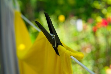 hanging laundry in the garden on a string              