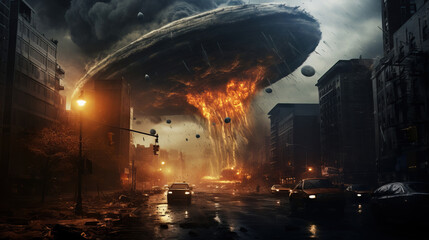 Alien spaceships attack Earth and destroy cities. - obrazy, fototapety, plakaty