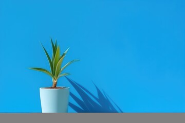 plant in pot against a blue wall background with copy space