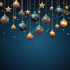 Obraz na płótnie Canvas Elegant blue and gold Christmas spheres background with copy space