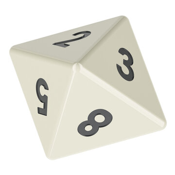 White 8 sided die, octahedron dice, 3D rendering isolated on transparent background