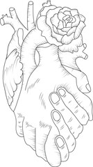 Vector hand-drawn combination of steampunk heart and hand art