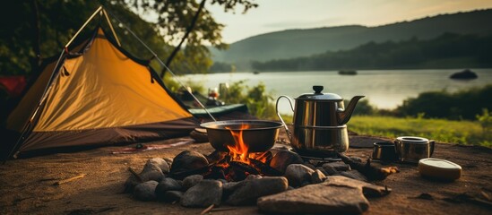 Using camping equipment to cook and make coffee over a campfire with a tent and nature as the backdrop is a useful tool for camping and travel - Powered by Adobe