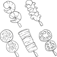 Illustration material of Assorted grilled. sausages and shrimp, bacon and  barbecue. line vector set 