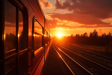 view from the train window orange sunset generative ai