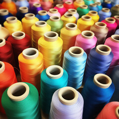 Threads for sewing or knitting, are organized by color and ready to be sold