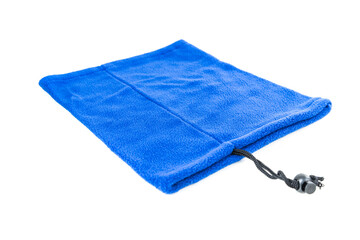 Blue fleece neck gaiter laying flat on a white background