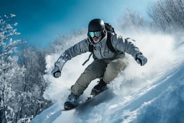 Fototapeta na wymiar athlete snowboarding in snow forest generative ai