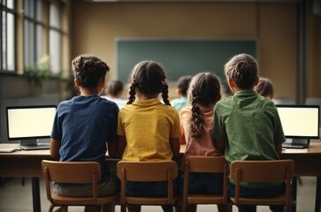 Group of children sitting in classroom, back view. Elementary school education