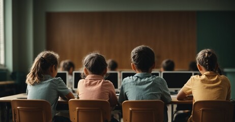 Group of children sitting in classroom, back view. Elementary school education