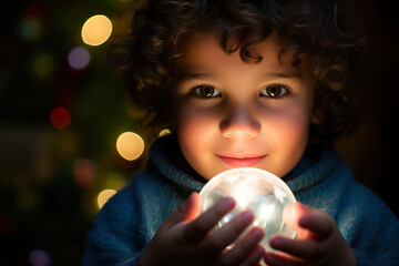Naklejka premium A little boy looks with interest at a beautiful Christmas ball against a background of blurred bokeh.