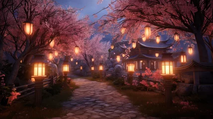 Foto op Plexiglas cherry blossom garden with old lanterns © Poprock3d