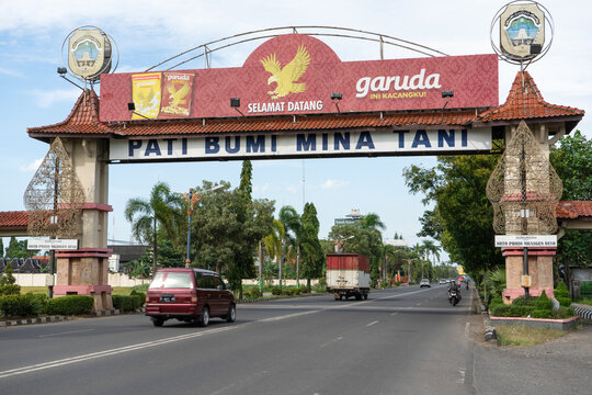 Pati, Indonesia - October 2023 : The gate to the city of Pati is inscribed with Pati Bumi Mina Tani which is the motto of Pati Regency.