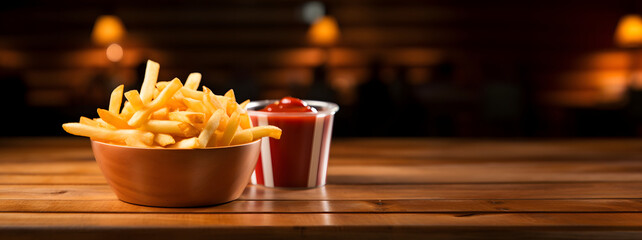french fries, french-fried potatoes, finger chips, or simply fries with ketchup on a wooden table, Free space for text - obrazy, fototapety, plakaty