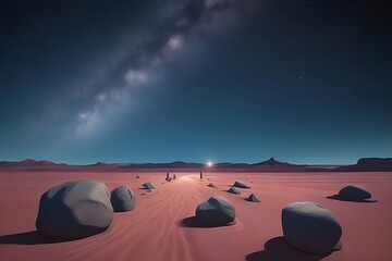 Fototapeta na wymiar Desert Night Sky Blue Light Rocks Mountains Symphony Celestial Moon Stars Sand Cold Dunes