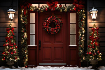 A decorated house door for the holiday season