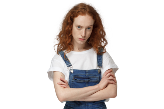 Angry redhead girl, evil young ginger woman looking at camera with anger, standing with arms crossed - Powered by Adobe