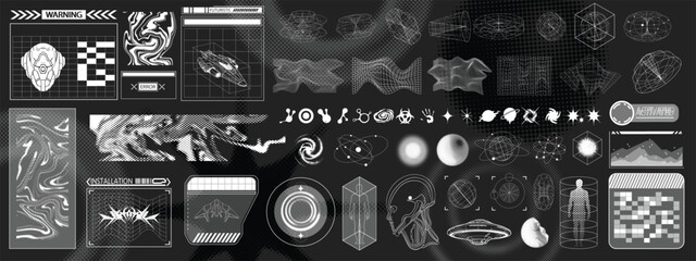 Futuristic y2k graphic icon set, vector retro wave sci-fi display, cyberpunk future space frame kit. Brutalist grid print, abstract star groovy geometric shapes, halftone background. Futuristic print