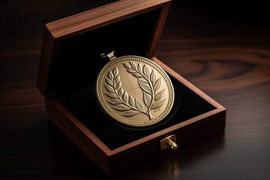 Mockup of a gold medal inside a black wooden box, seen from the front. Generative AI