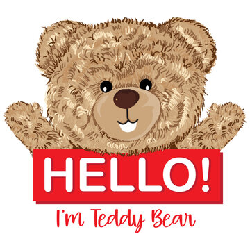 Hello i'm teddy bear slogan with bear doll illustration on white background