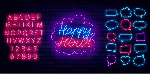 Happy hour neon lettering sign. Think cloud frames collection. Discount for food market. Vector stock illustration