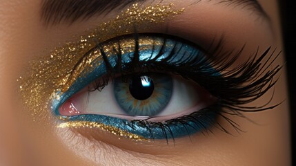 Captivating Macro Shot: A stunningly detailed close-up of a very light blue eye adorned with long black eyelashes and exquisite gold and gold eyeshadow. Created with generative AI technology - obrazy, fototapety, plakaty