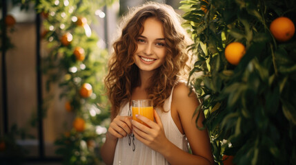 woman with orange holding a glass orange juice